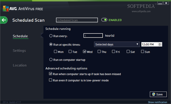 AVG's panel where scans can be scheduled